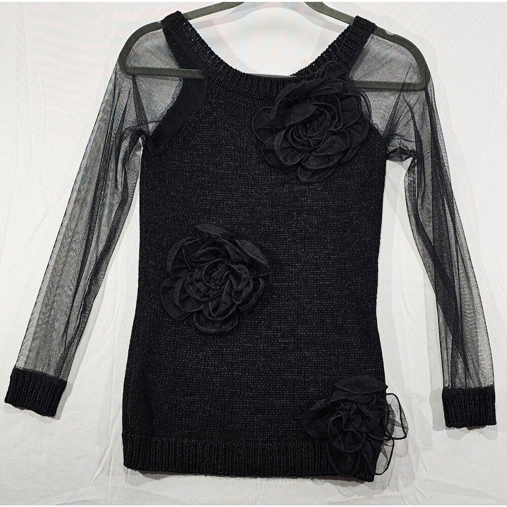 VTG Ebene Patrick Assuline Black Sweater XS 3D Rosettes Sheer Mesh Sleeves 90s